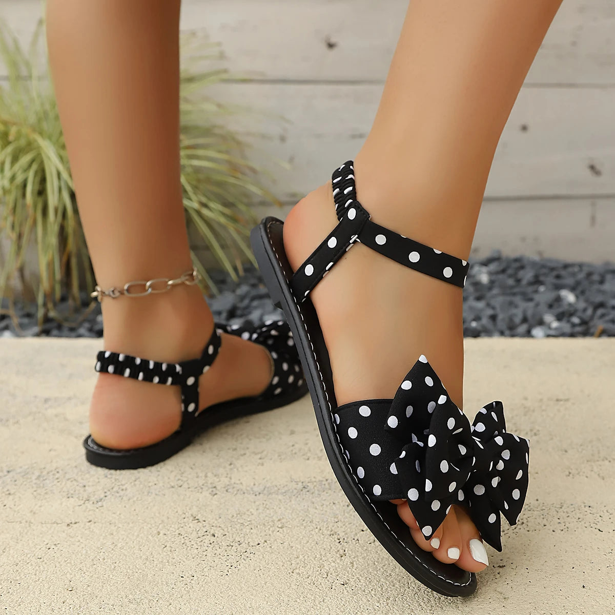 Women's Elastic-strap Flat Sandals Polka-dot Bow Multi-color Zpaxo