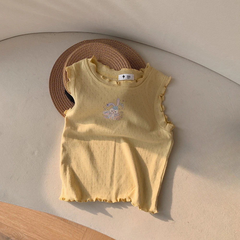 Children's vest summer new product girls cartoon hollow T-shirt baby wide printed sleeveless lace top Zpaxo