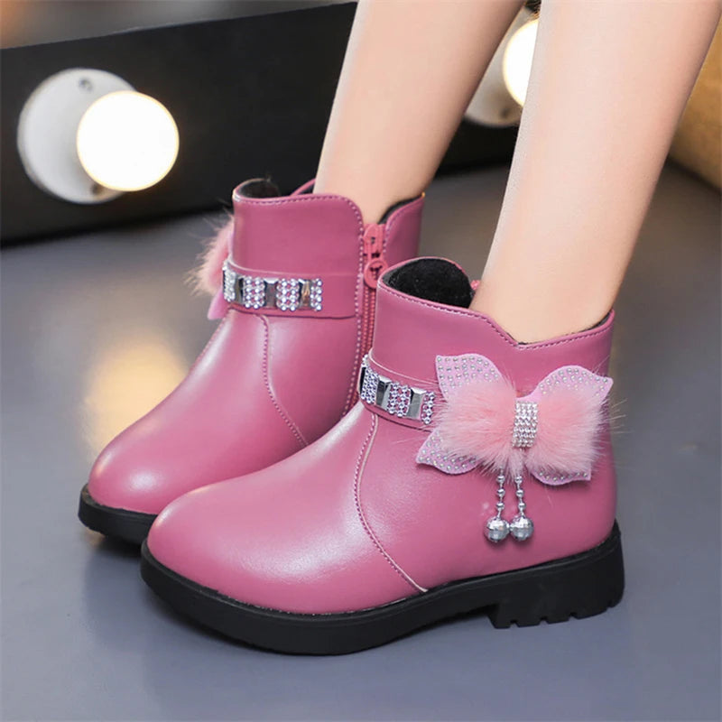 Winter Children's Shoes Girl Mid Length Warm Leather Boots Baby Bow Zpaxo