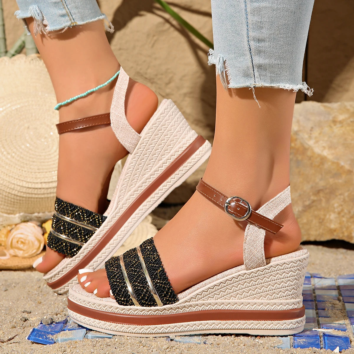 2025 New Women Sandals Large Size Slip-On Platform Sandals Rhinestone Chunky Heel Shoes Women Fish Mouth Flat Roman Style Shoes Zpaxo black 43