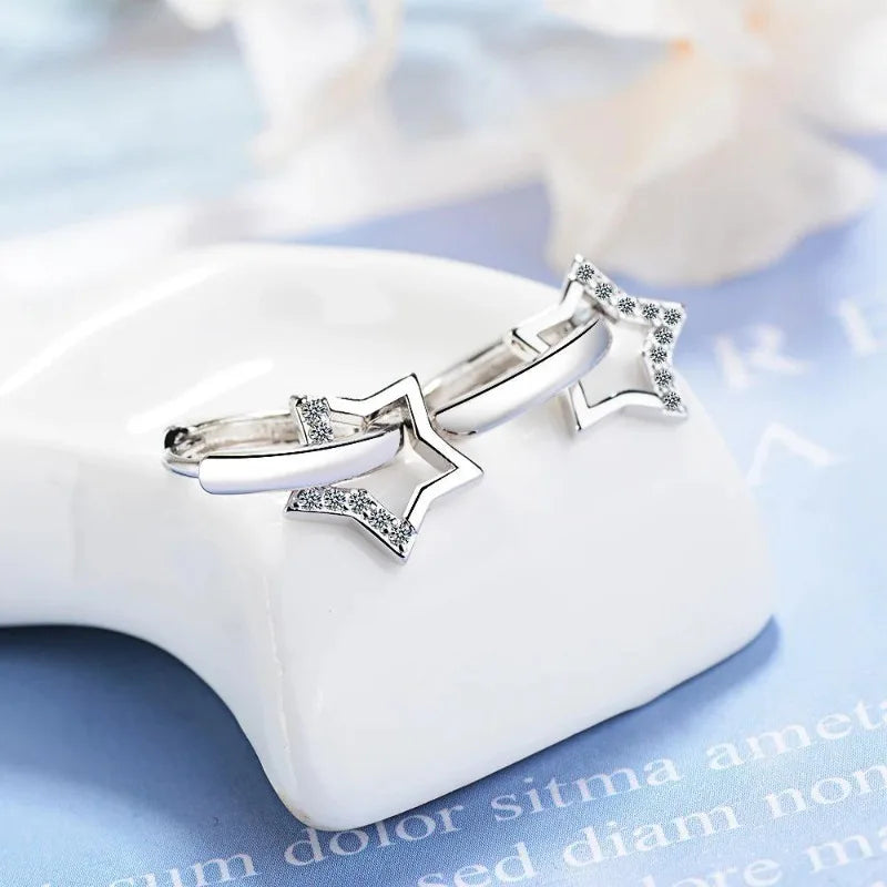 Real 925 Sterling Silver Hollow Star Hoop Earrings Small Creole Women