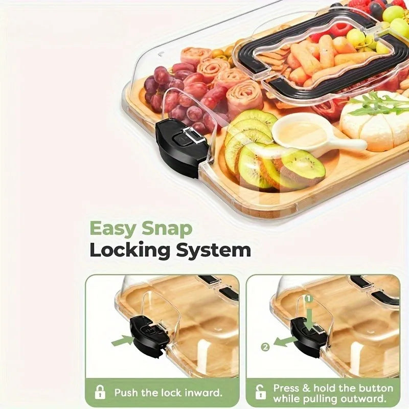 Stylish Natural Bamboo Cheese Tray Snap-on Acrylic Lid Easy-clean