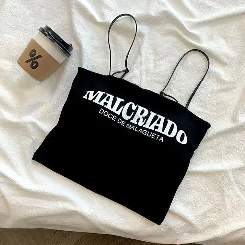 Sexy Crop Tops Women Summer Shirring Sleeveless Slim Camis Tops Bodycon With Chest Pad Letter Fashion Casual Soft Tops Female Zpaxo black Uniform size