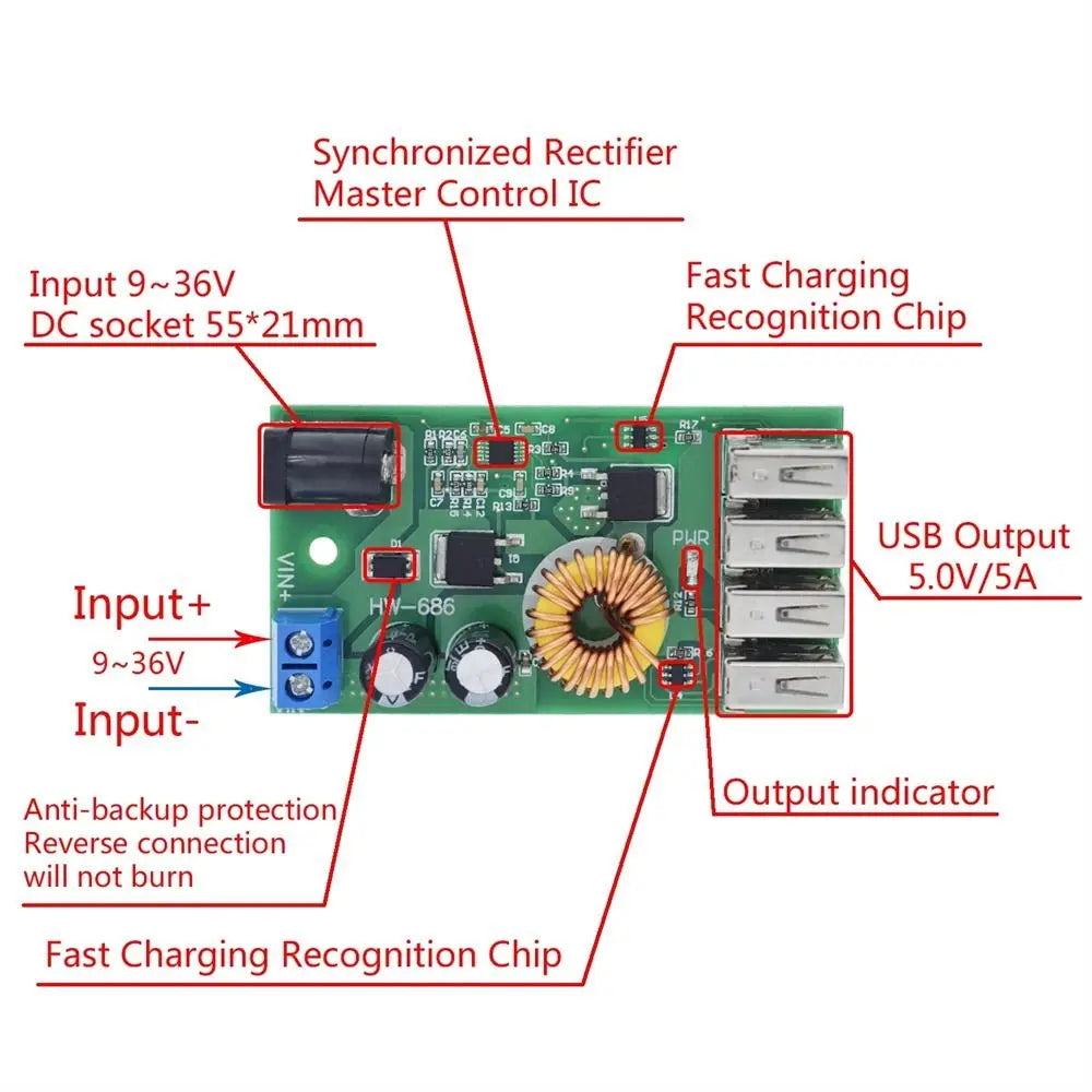 DC-DC Module 9V 12V 24V 36V To 5V Mobile Charger 4 Port USB Step-down Module Step-down Board Charging Board Buck Converter Zpaxo