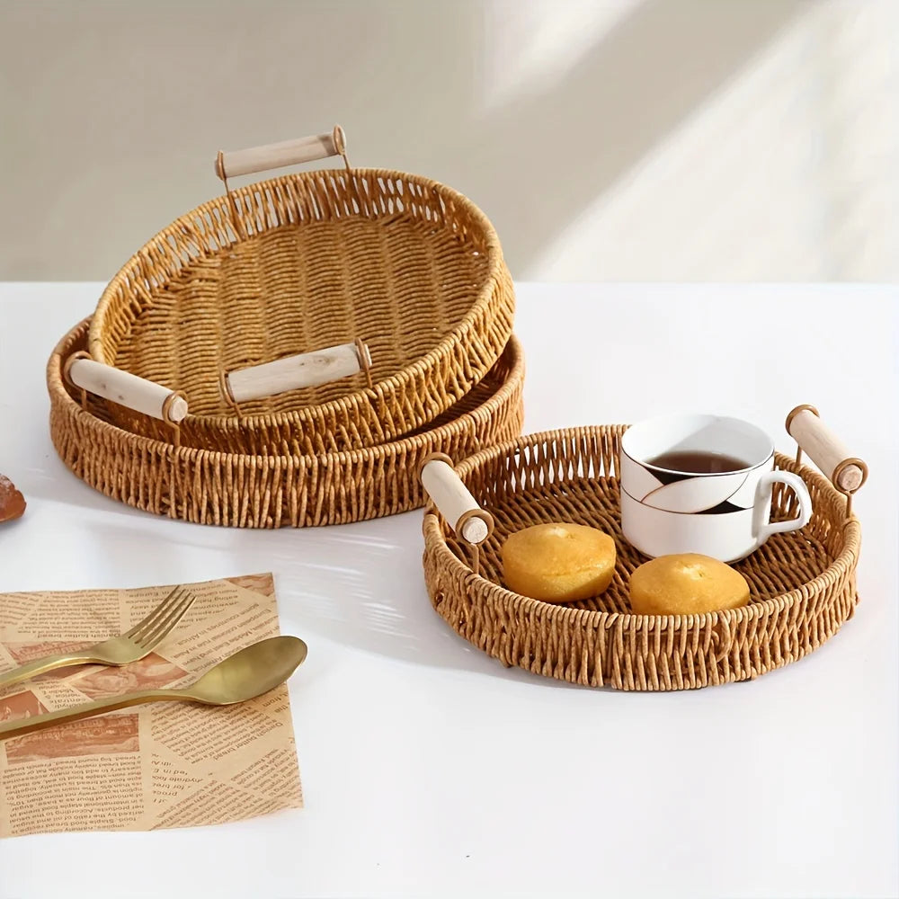 1 Round Handmade Woven Plastic Rattan Storage Basket Wooden Handle