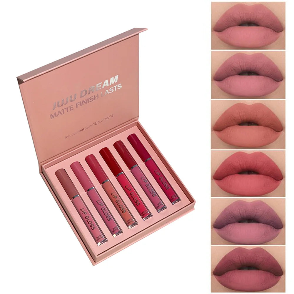 JUJU DREAM 6Pcs Matte Lipstick Set Long-Lasting Non-Stick Cup Lip Makeup Kit Popular Shades Waterproof Non-Fading Lip Color Kit Zpaxo 02