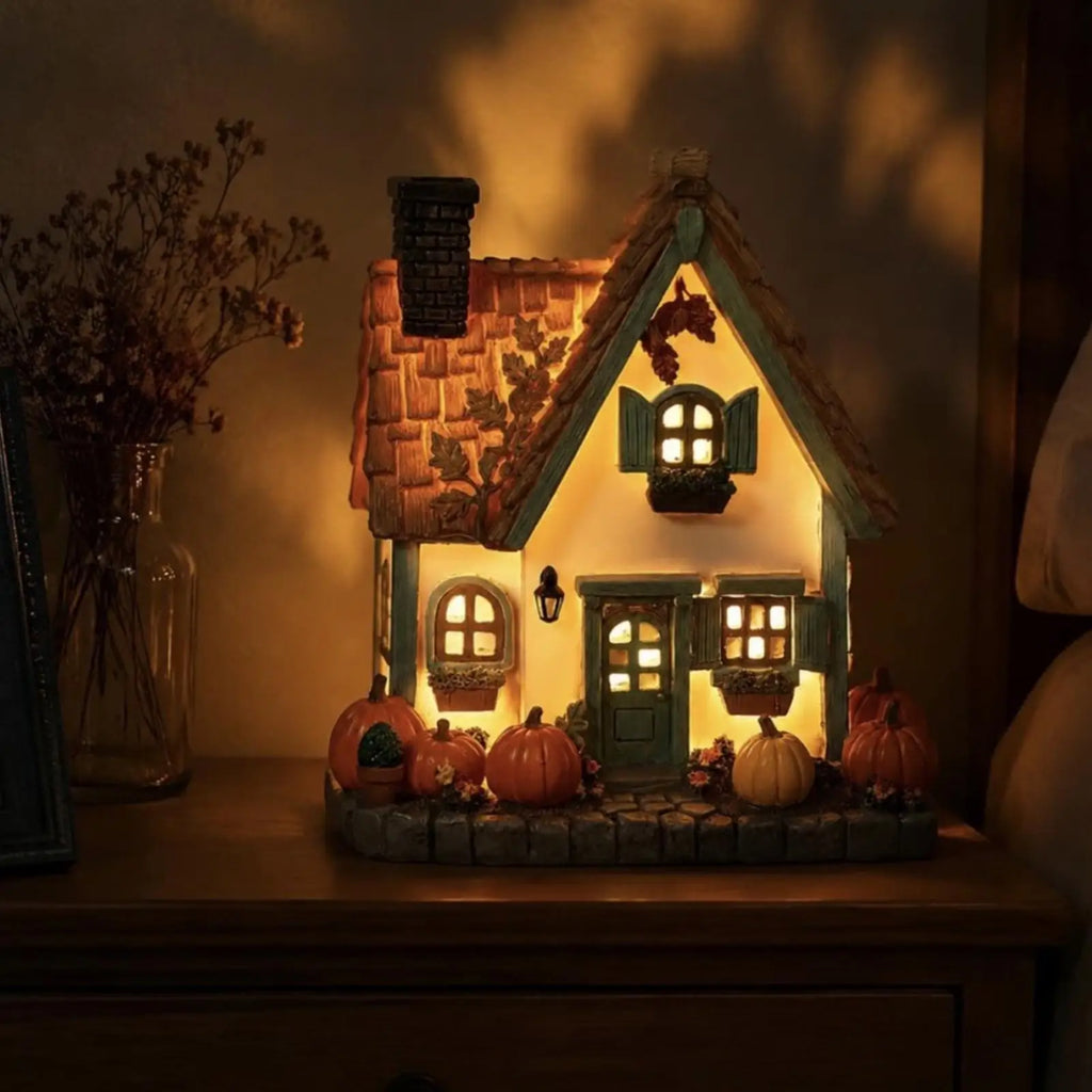 Pumpkin House Statue Decor Battery Powered Lighted Tabletop Centerpiece Festival Pumpkin House Statue for Home Apartment Office Zpaxo