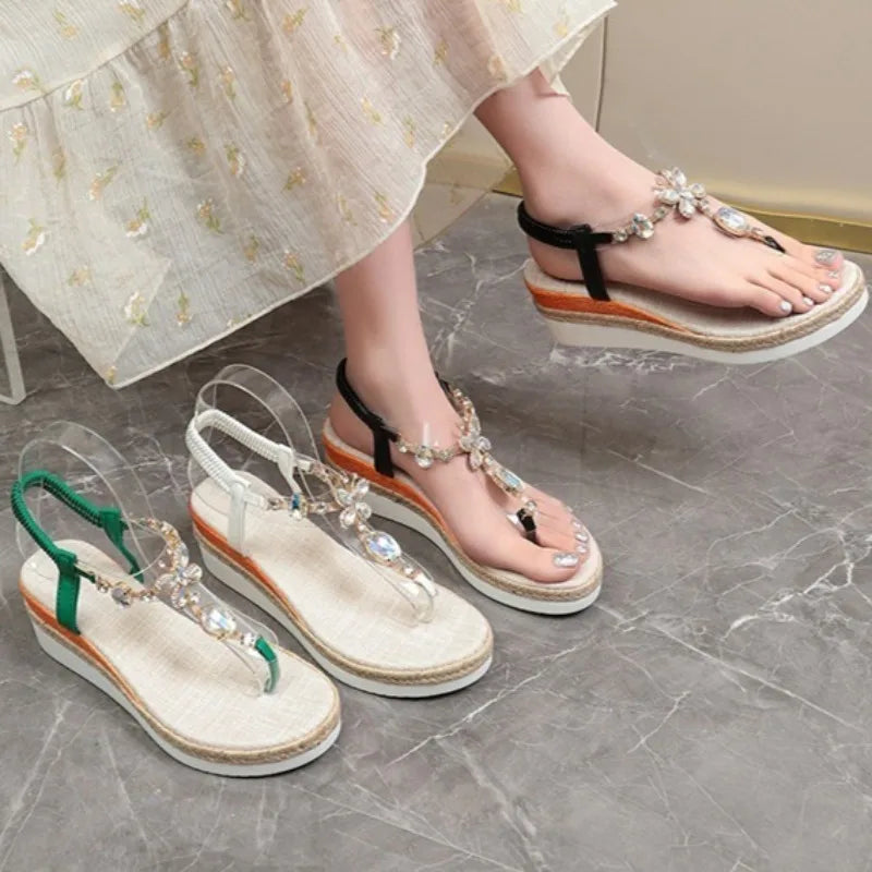 Bohemian Beaded Strappy Wedge Sandals Women Rhinestone Fashion Heel Zpaxo