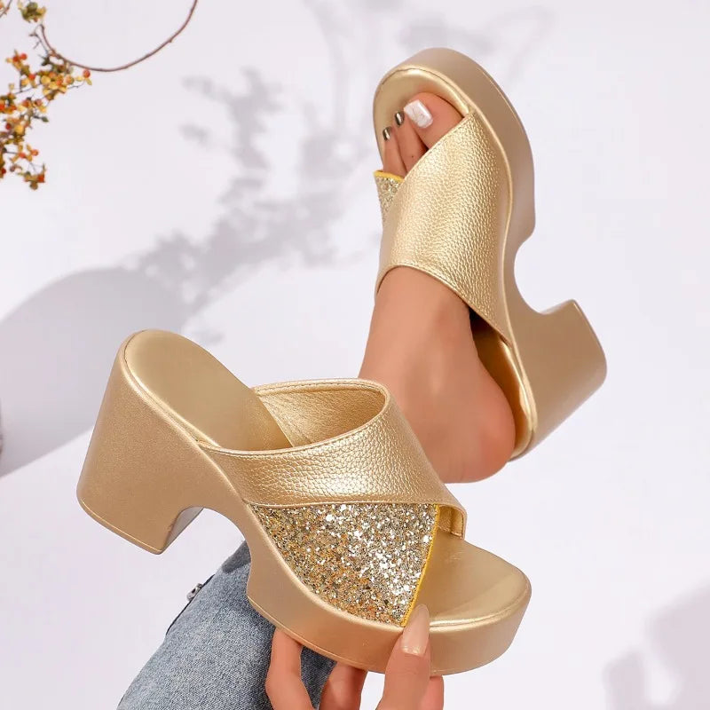 Women's Summer Thick Sole Round Open Toe Vintage Solid Anti Slip Heel Zpaxo Gold 43
