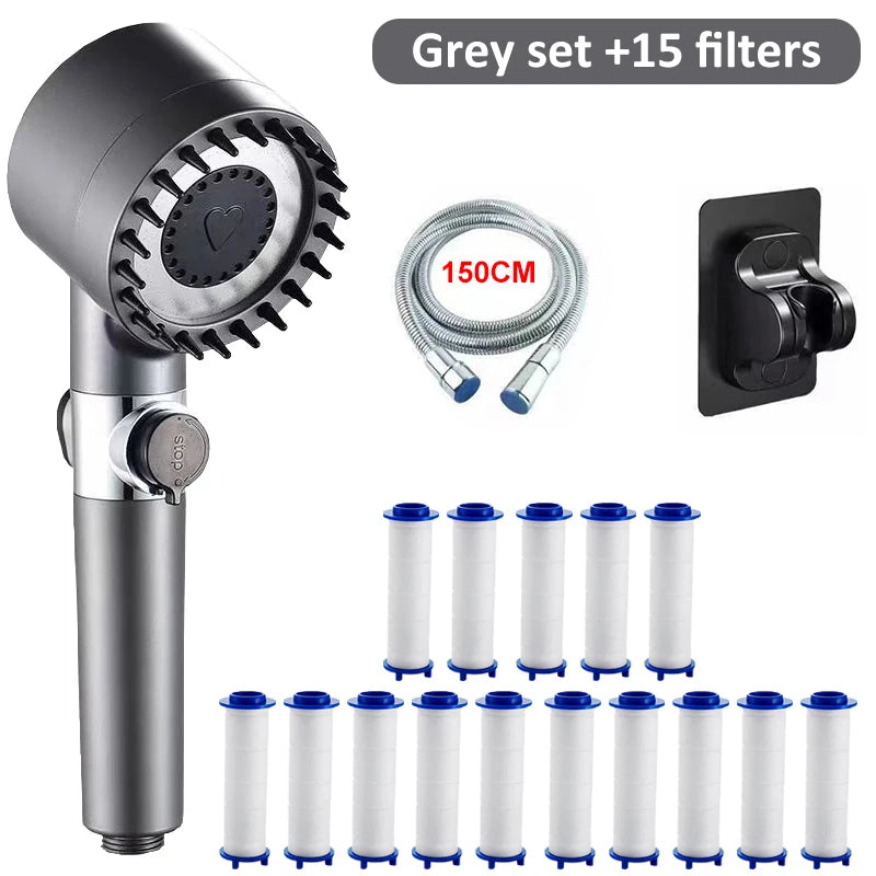 High-pressure Massage Shower Head 4 Modes Rain One-touch Stop Filter Zpaxo Grey Set 15 Filter
