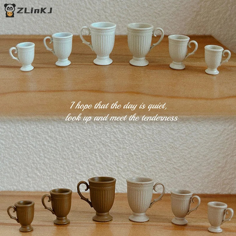 ▶1Pcs Dollhouse French Retro Mini High Foot Relief Mark Coffee Cup With Handle Miniature Scene Decoration High End Stemmed Mugs Zpaxo