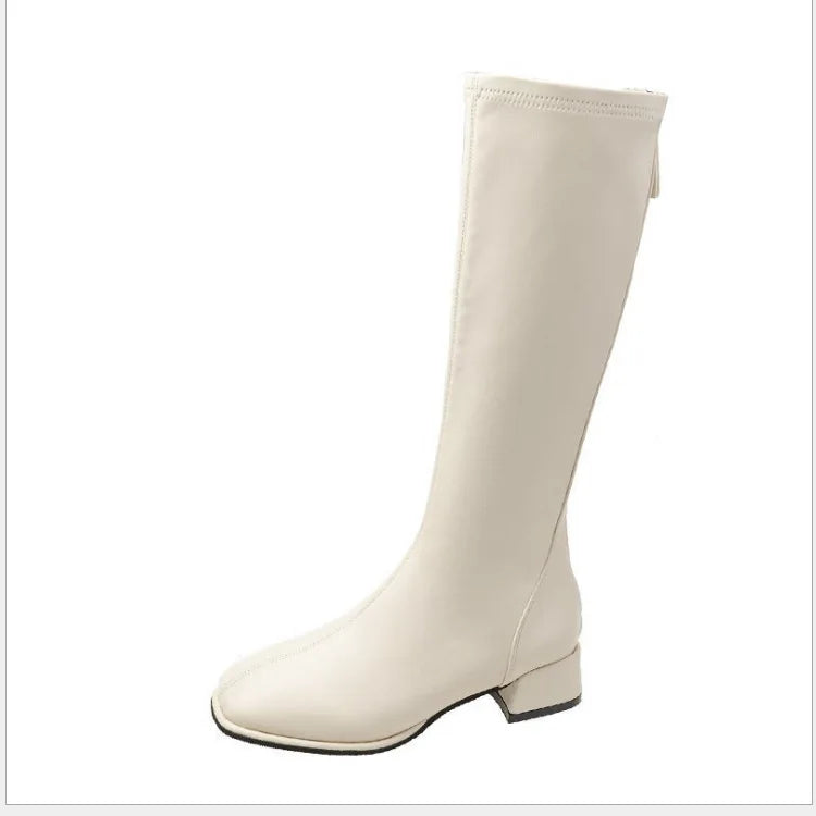 2023 Women Knee Boots Female Leather Knight Ties Lady Heels White Zpaxo Beige plus velvet 35(Foot 22.5cm) China Mainland