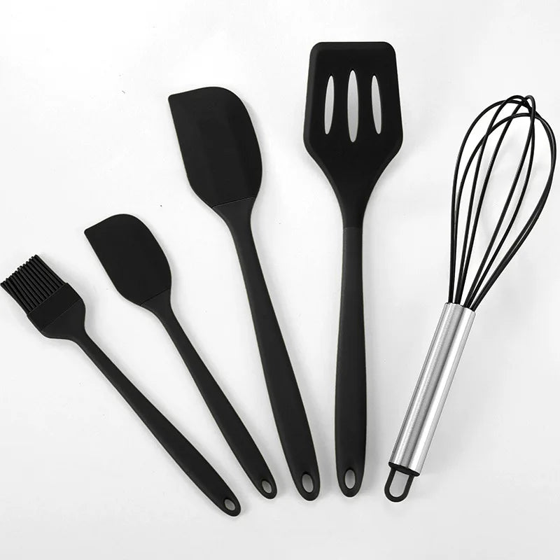 12Pcs/5pcs Silicone Kitchenware Non-Stick Cookware Kitchen Utensils Set Spatula Shovel Egg Beater Wooden Handle Cooking Tool Set Zpaxo black 5pcs