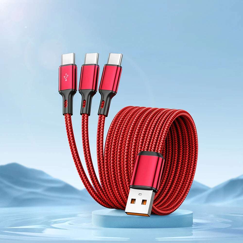 3-in-1 USB-C Cable 100W 6A Fast Charging Quick Charge Cord USB Charging Cable Zpaxo Red 1.2m