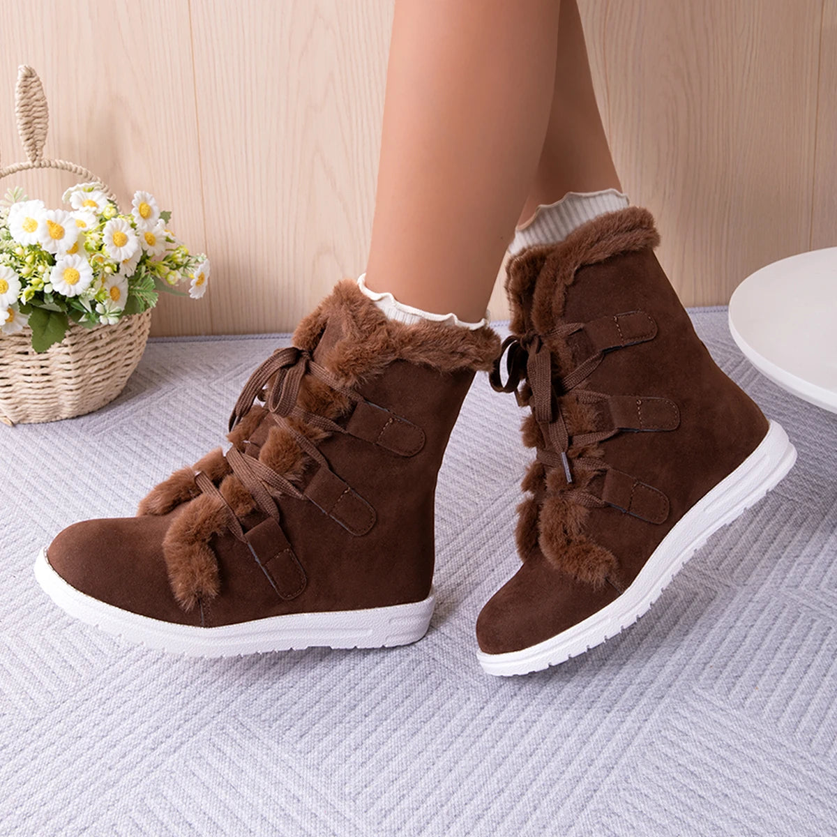 Women Shoes Winter New Plush Waterproof Anti-Slip Women Snow Boots Thermal Insulation Lace Up Outdoor Mid Calf Boots for Women Zpaxo Coffee color 42