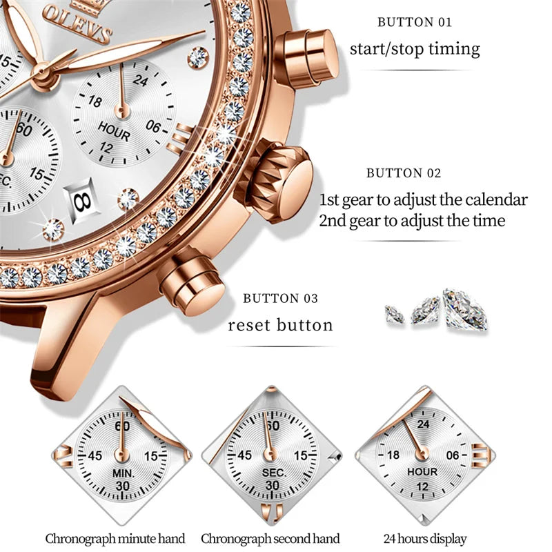 OLEVS Fashion Diamond Watches For Women Luxury Brand Rose Gold Case Ladies Quartz Watch White Leather Strap reloj para mujer Zpaxo