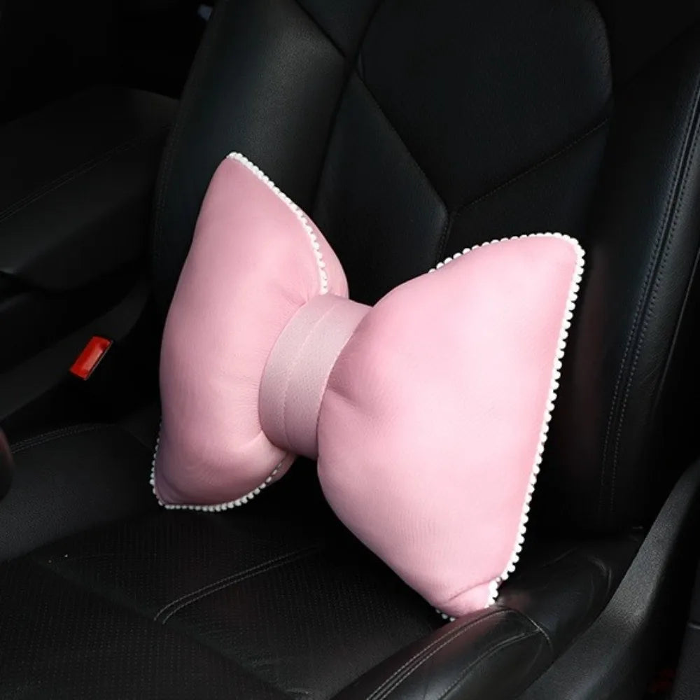 Bow Car Headrest Neck Pillow Pink Black Universal Breathable Zpaxo