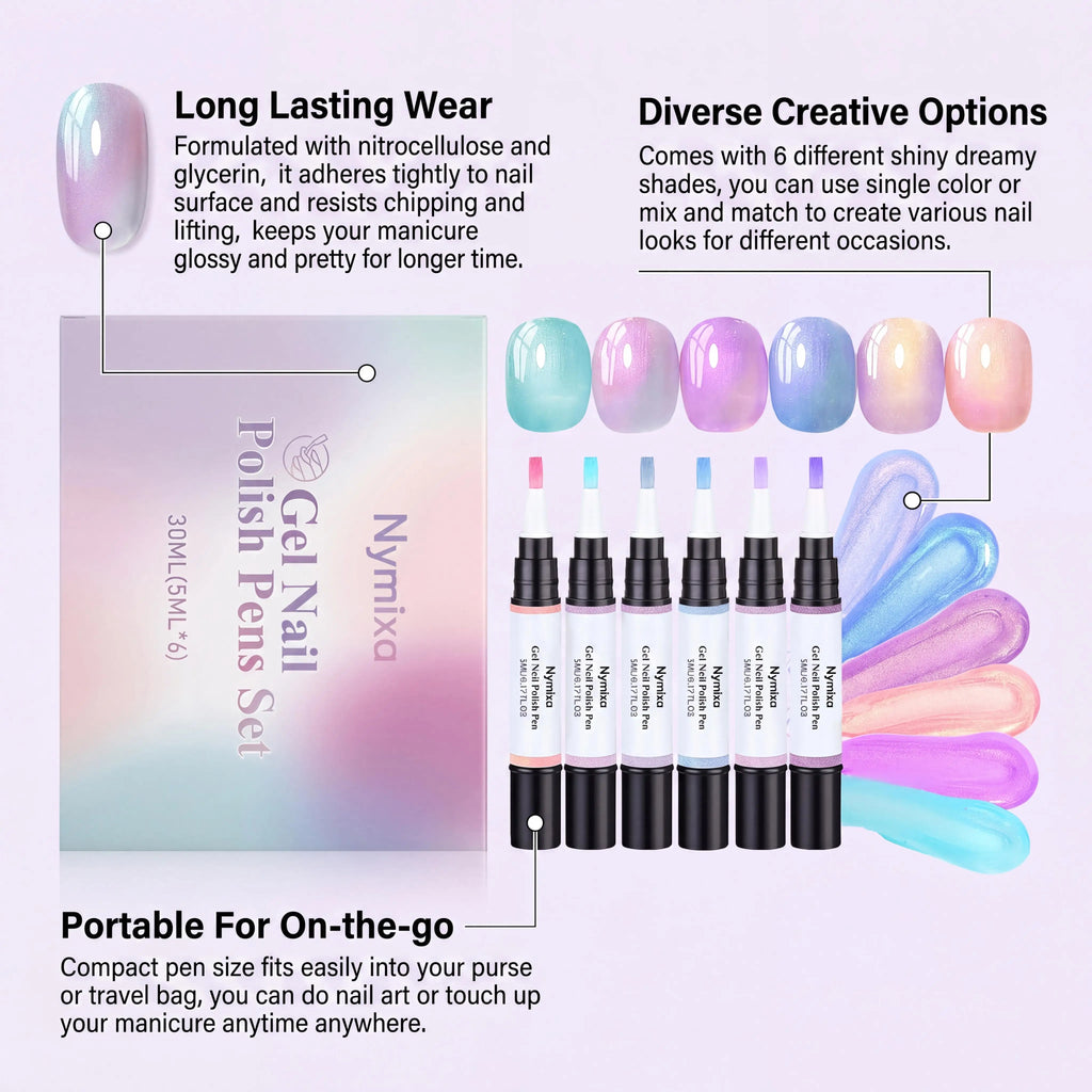 Nymixa Macaron Pearlescent Gel Nail Polish Pen Set – 6pcs DIY Gel Nail Polish Set Zpaxo