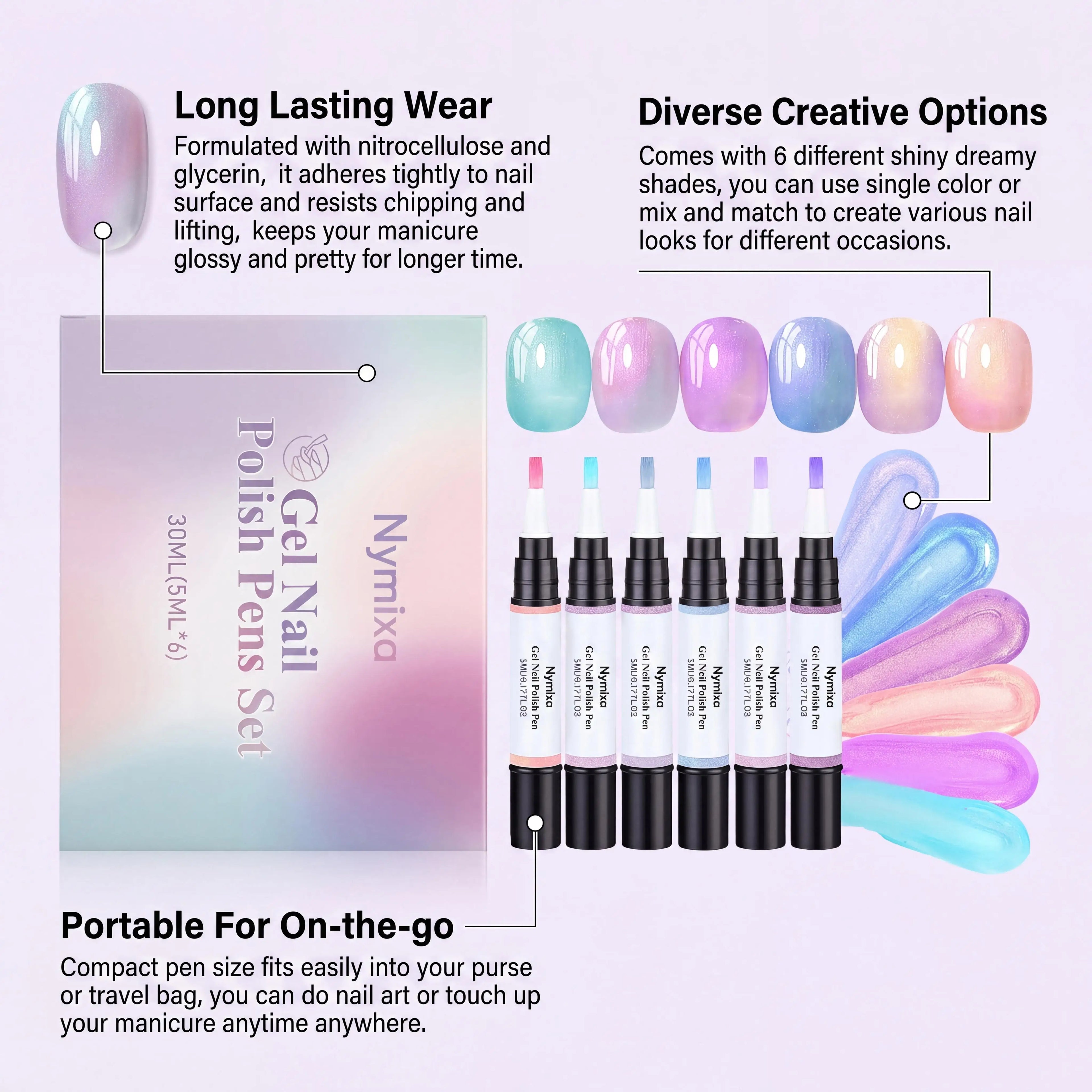 Nymixa Macaron Pearlescent Gel Nail Polish Pen Set – 6pcs DIY Gel Nail Polish Set Zpaxo