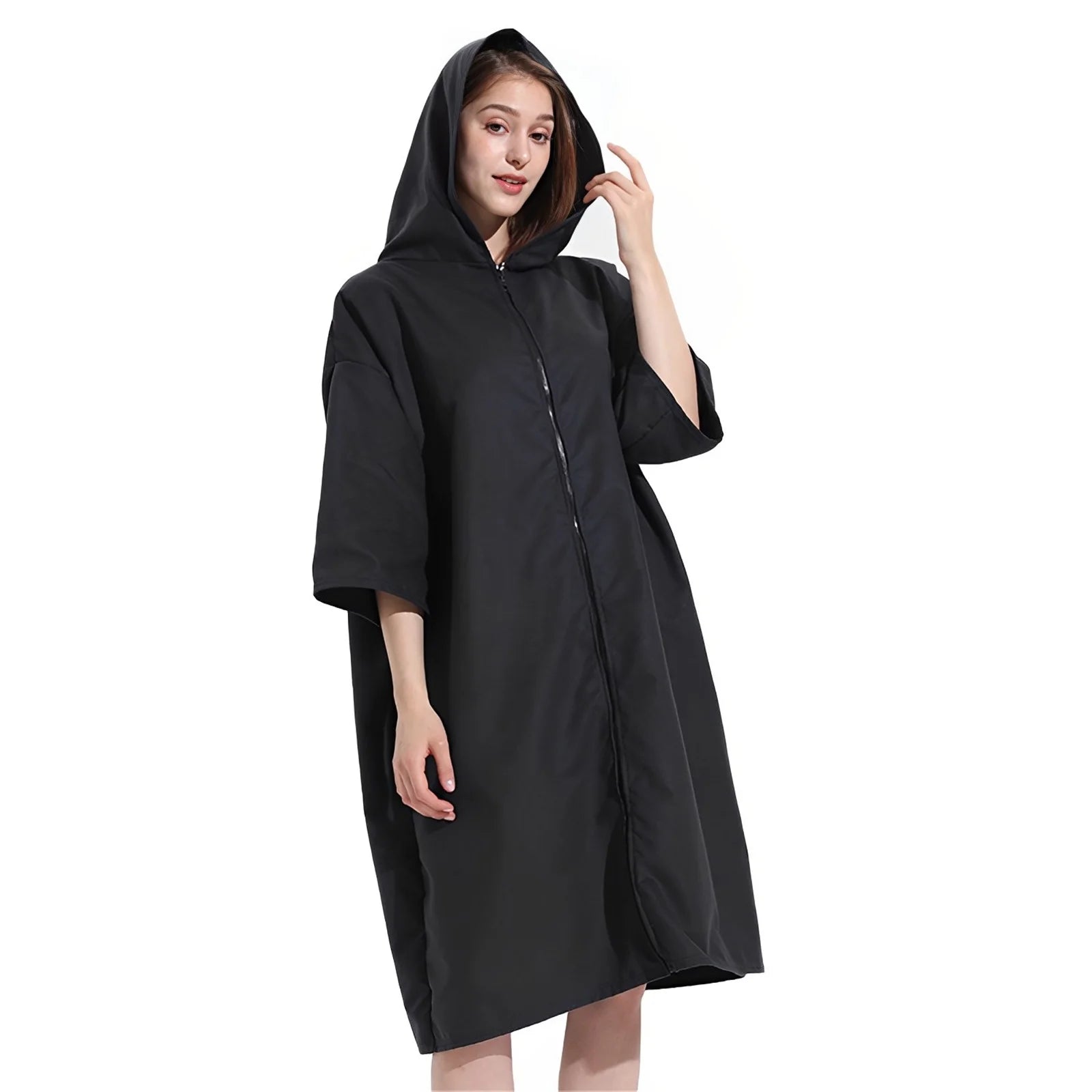Microfiber Towel Robe Hood Poncho Quick Changing Zipper Short