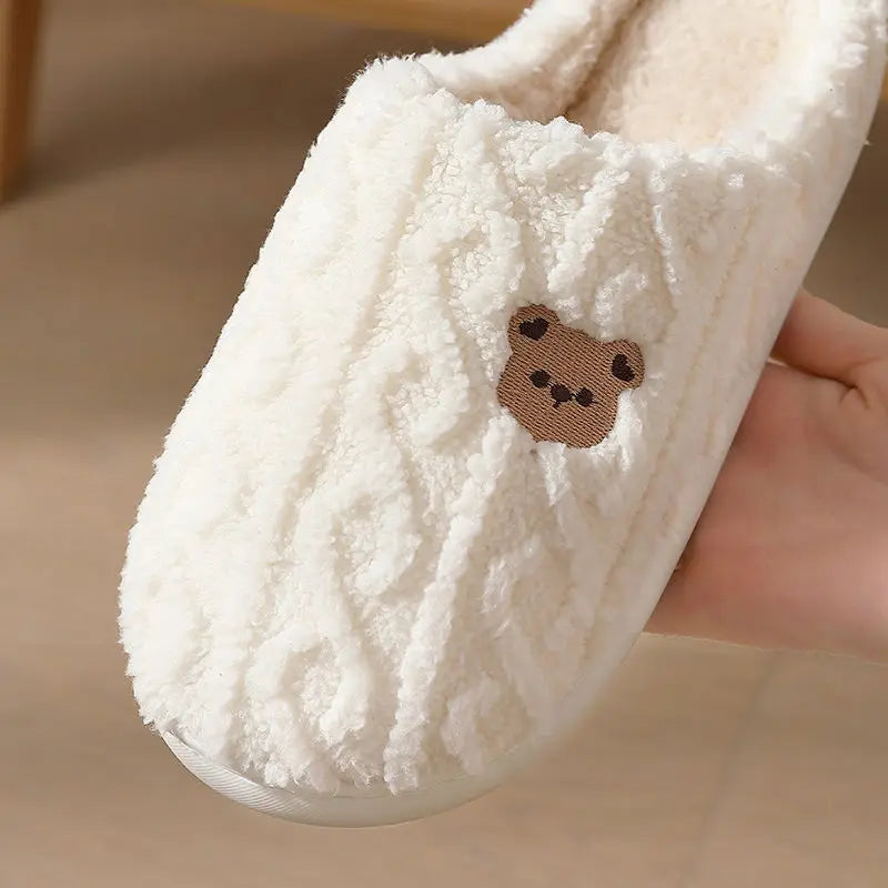 Winter Fluffy Shoes Women Cotton Slippers Cartoon Bear Thick Sole