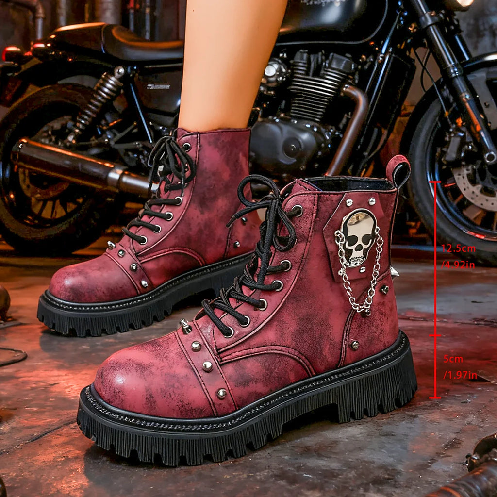 Women Punk Ankle Boots 2025 Metal Decoration Shoes Platform Casual Outdoor Shoes Women Buckle Designer Motorcycle Boots Women Zpaxo wine red 39