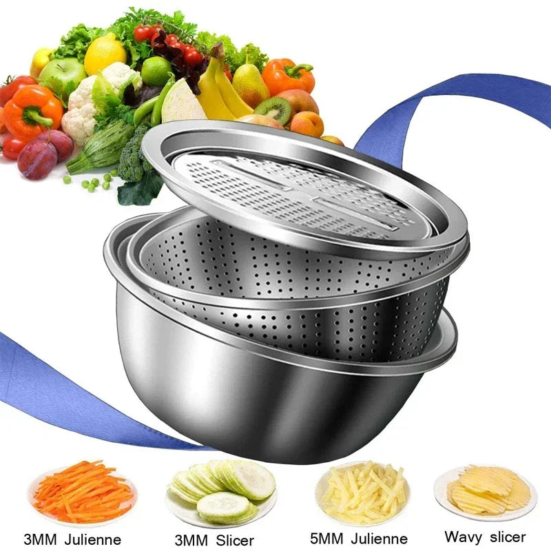 3 in 1 Vegetable Slicer Cutter Graters Drain Basket Stainless Steel Vegetable Salad Maker Bowl Kitchen Accessories Gadget Zpaxo
