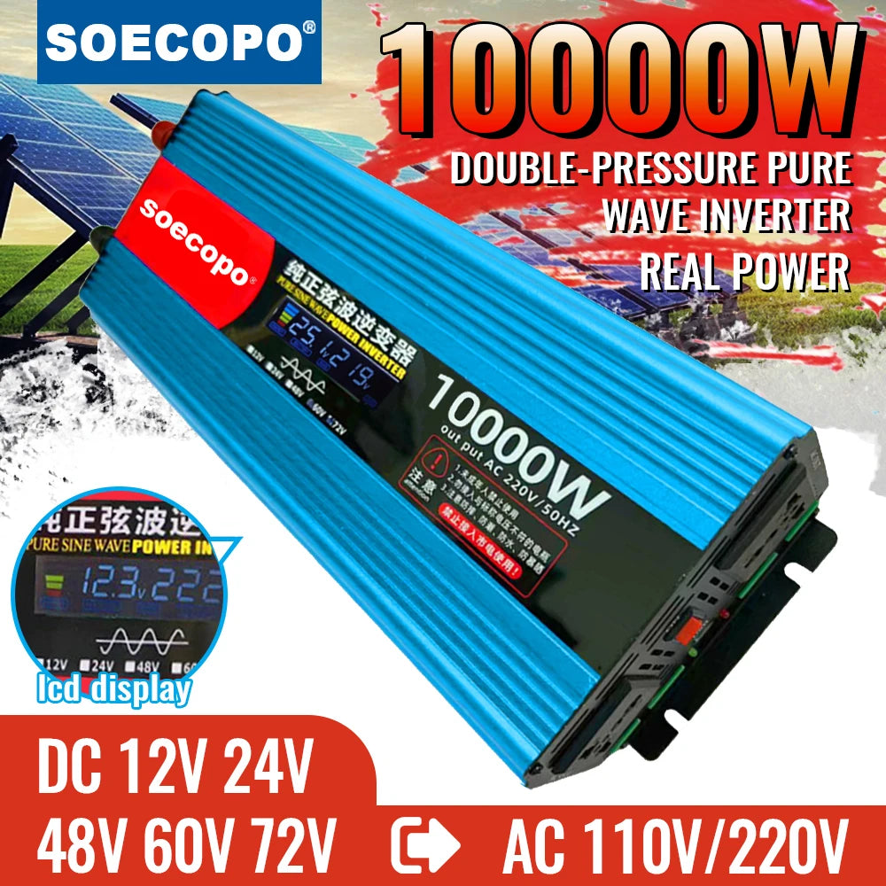 Pure Sine Wave Inverter 10000W Dual Voltage Design for Car/Trucks/E-Motorcycle/Home 12V/24V/48V/60V/72V to 110V/220V LCD Display Zpaxo 8000W Universal 48V and 60V|110V