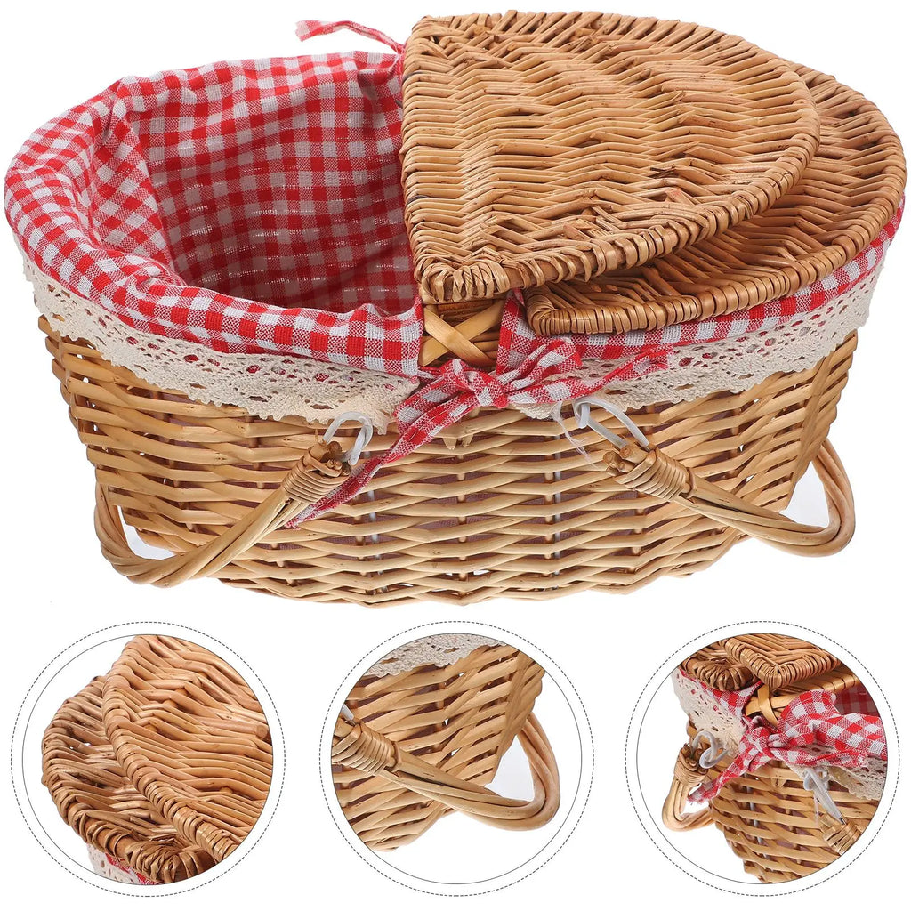 African Market Basket Handles Lid Wicker Woven Rustic Storage Bread
