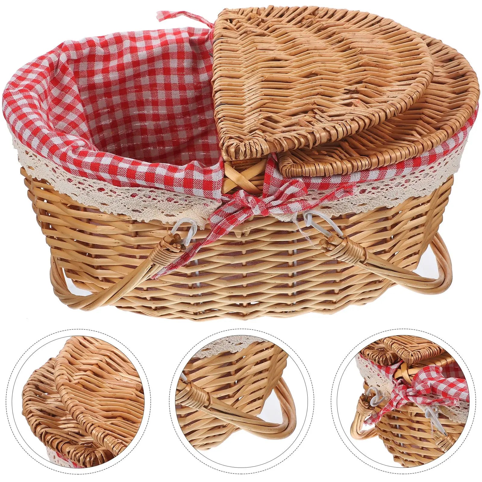 African Market Basket Handles Lid Wicker Woven Rustic Storage Bread