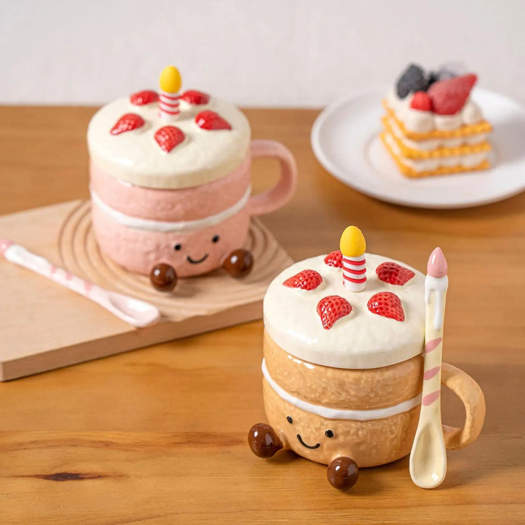 Funny Mugs For Women 400ml Ceramic With Lid Spoon Cake Shaped Aesthetic Mug Tea Cup For Women Christmas Birthday Valentines Day Zpaxo