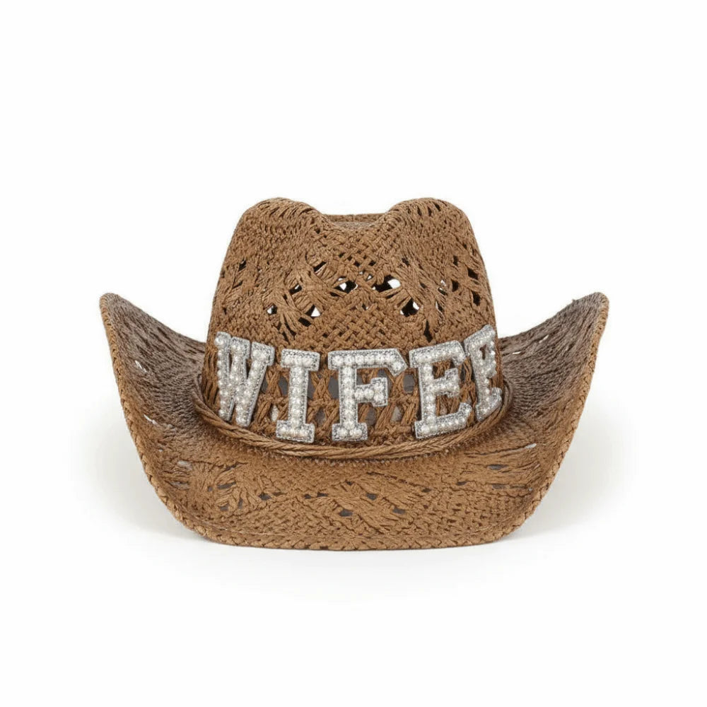 Fashion Rhinestone Letters Bride Wifey Cowboy Hat Crochet Breathable Cowgirl Hat Hollow Sun Hat For Wedding Bridal Party Zpaxo Brown WIFEY