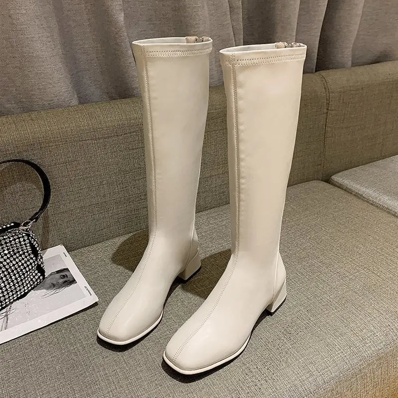 2023 Women Knee Boots Female Leather Knight Ties Lady Heels White Zpaxo Beige 39(Foot 24.5cm) China Mainland