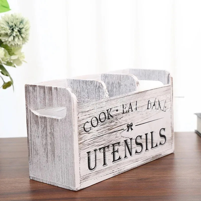 Kitchen Utensil Rack Three Compartments Rustic Wooden Storage Box