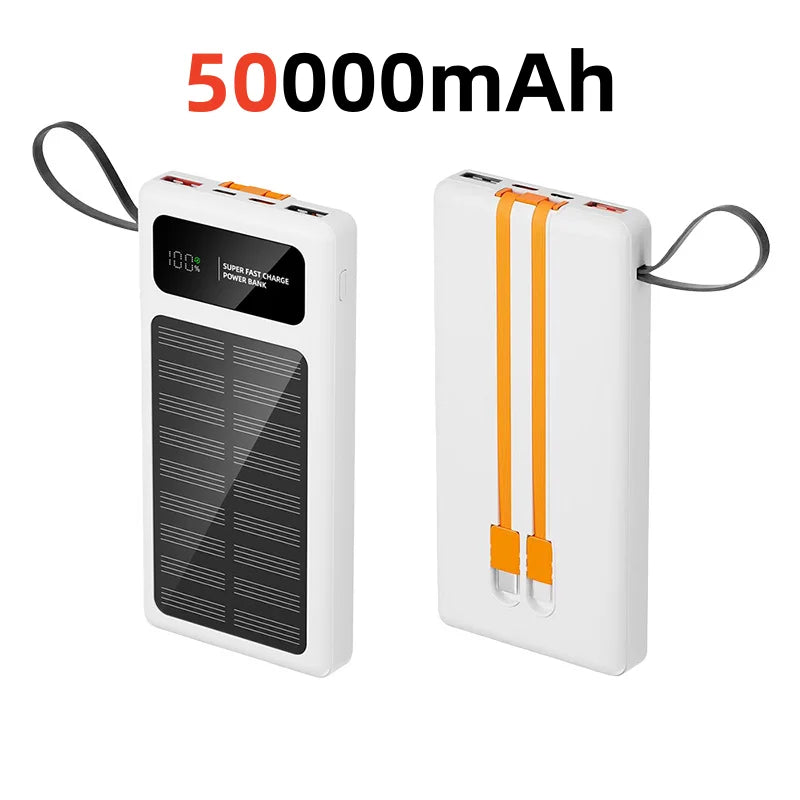 2026 New 500000mAh Solar PowerBank 120W Fast Charging Built-in 2 Cable PowerBank High Capacity Battery For iPhone Samsung Xiaomi Zpaxo White 50000mAh Above 100000mAh