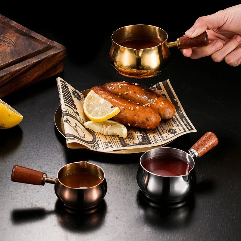 Stainless Steel Sauce Holder Gourmet Steak Dressing Cup Wooden Grip Zpaxo