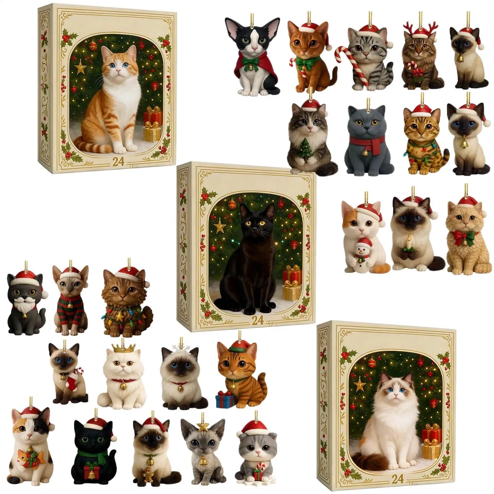 2025 Christmas Advent Calendar 24 Days Cat Pendants 2D Acrylic