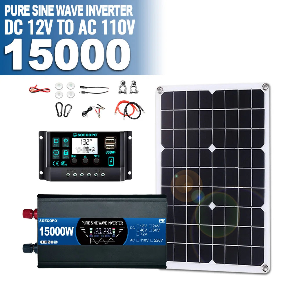 SOECOPO 15000W Pure Sine Wave Inverter（12V To 110V/220V） Portable Solar System Kit 500W Panel 100A Controller for Camping/Home Zpaxo 12V To 110V 60Hz