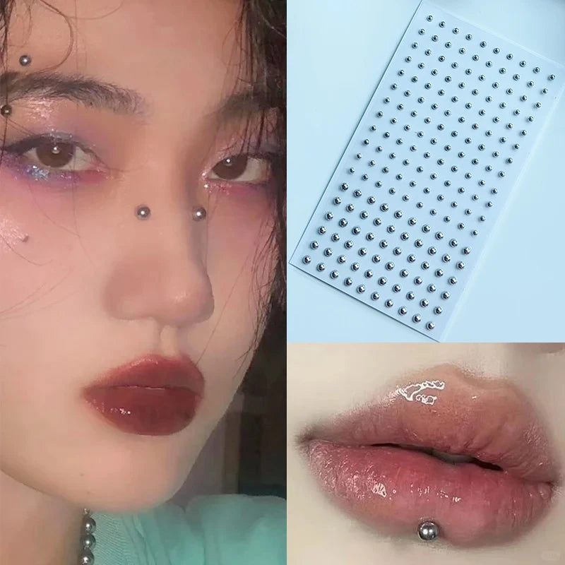 3D Non Piercied Fake Lip Eyebrow Studs Silvery White Pearl Round Nose Nails Ear Stickers Hip Hop DIY Face Makeup Rhinestones Zpaxo