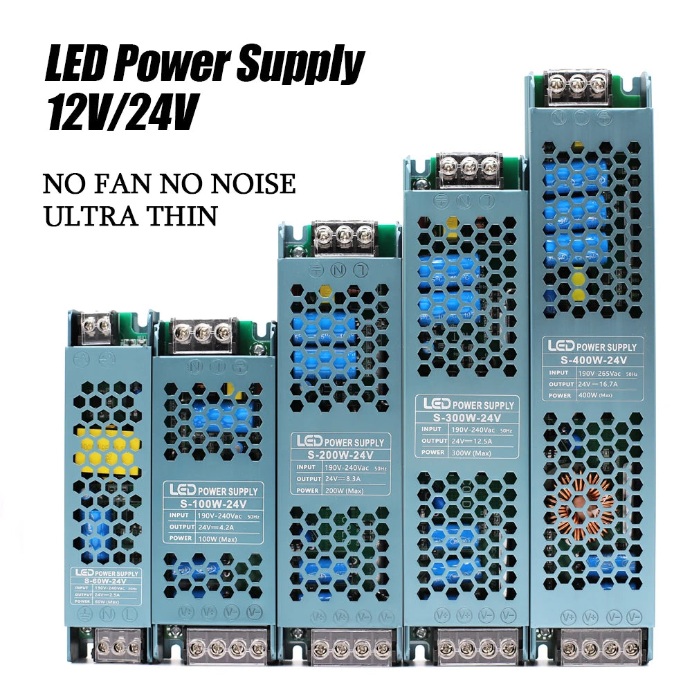 DC 12V/24V LED Power Supply – Silent Transformer 60W–400W