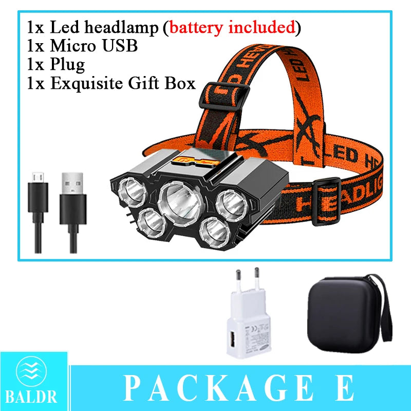 KDULIT 5-LED USB Rechargeable Headlamp | 10W 18650 Battery