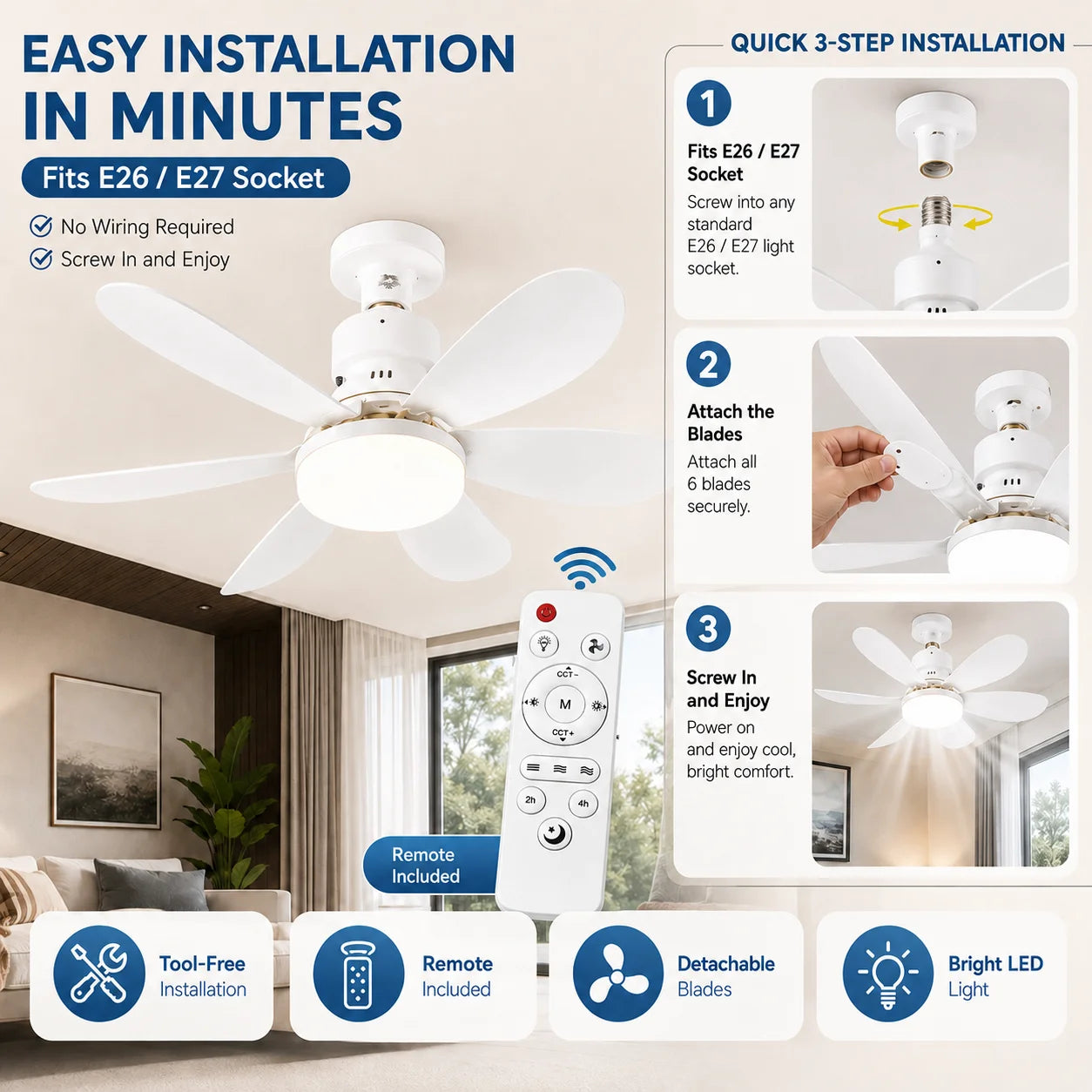 E27 LED Ceiling Fan Light with Remote 3 Color Dimmable Fan Lamp Rotatable Converter Base for Bedroom Living Room Kitchen Zpaxo