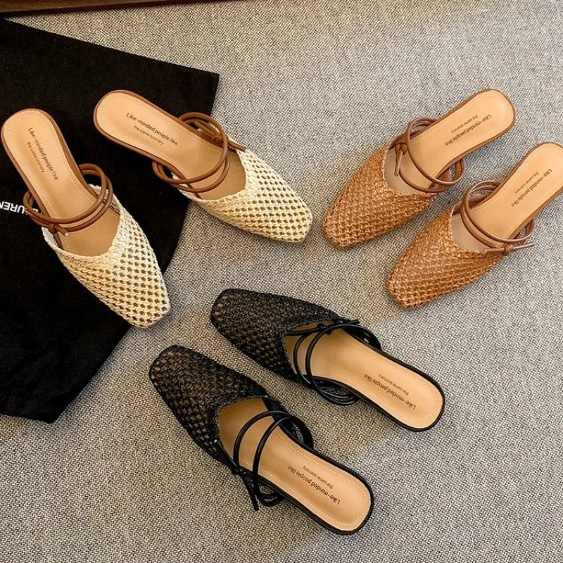 Slippers Women's Summer 2025 Retro Beach Sandals Women's Summer Vacation Casual Weaving Hollow Headcut Half Slippers Outerwear Zpaxo