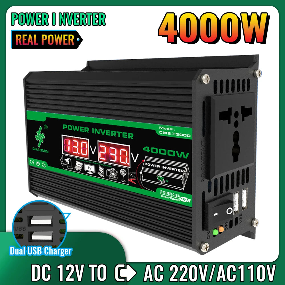 300W/4000W Portable Car Inverter DC 12V to AC 110V/220V Dual USB/AC Ports for Outdoor Camping & Appliances No battery included Zpaxo