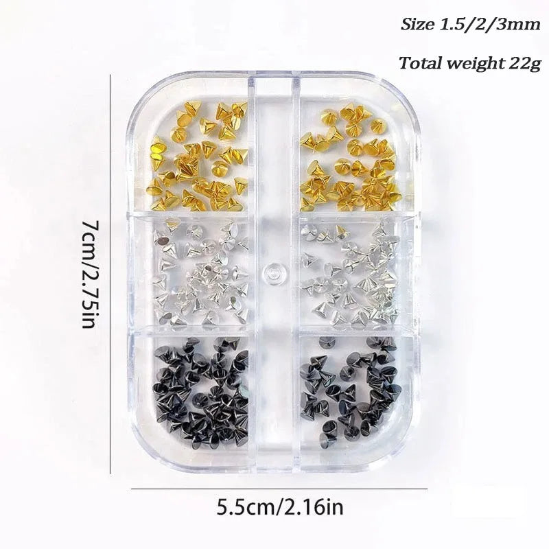 6 Grids 3D Punk Metal Nail Rivets Spikes Gold Silver Black Round Cone