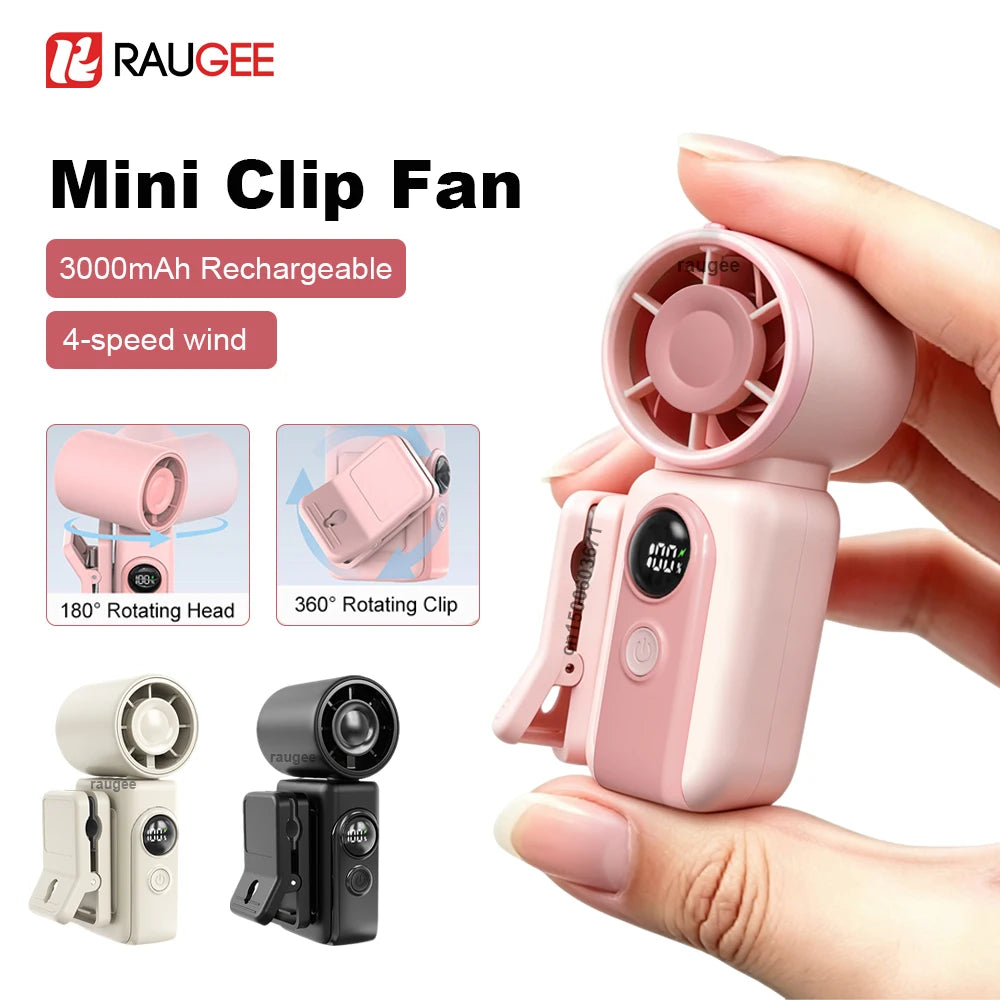 Portable Mini Clip Fan 3000mAh USB Rechargeable Handheld Outdoor