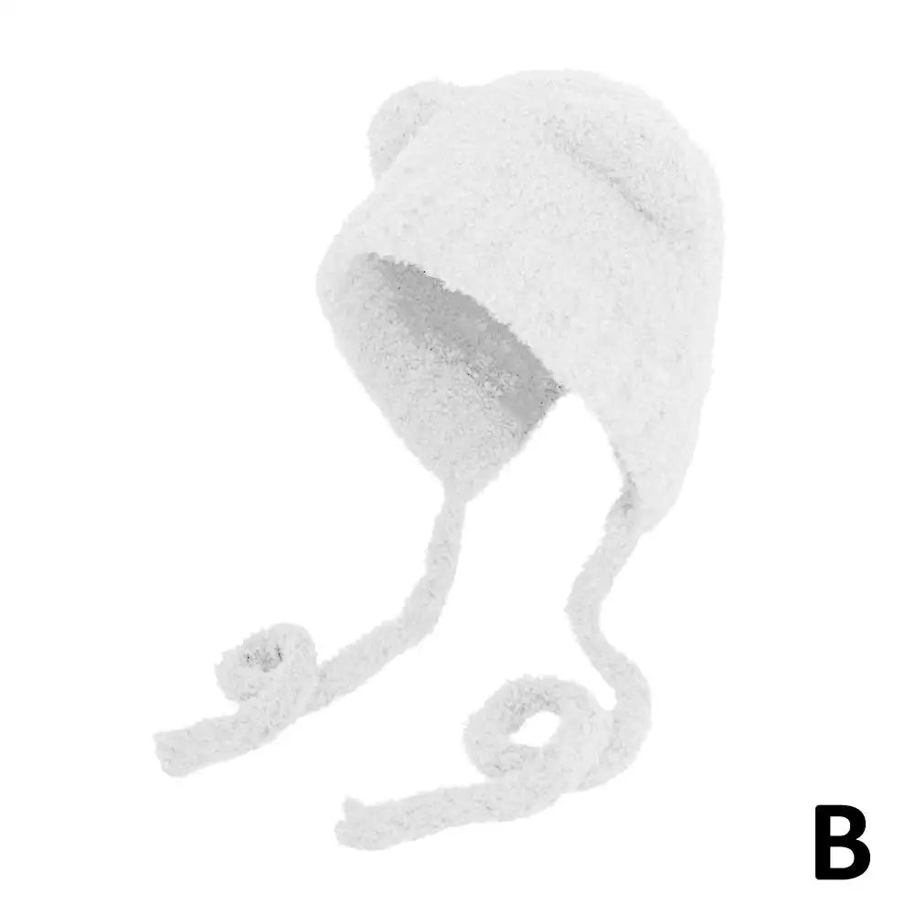Autumn/Winter Cute Plush Wool Hat with Bear Ear Cold-proof Windproof Knitted Hat Long-lasting Warm for Women Girls Zpaxo B