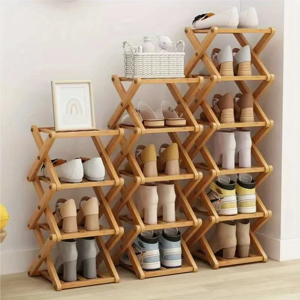 Bamboo Shoe Rack, Foldable Space Saving Shelves for Home and Bedroom - Interior Entry Storage Free Footed Shoe Narrow Shelf Zpaxo