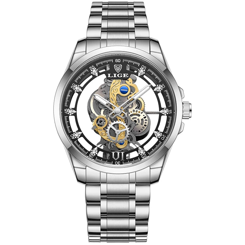 2025 LIGE Men Watch Skeleton Automatic Quartz Watch Gold Skeleton Vintage Man Watch Mens Watches Top Brand Luxury часы мужские Zpaxo Silver black steel