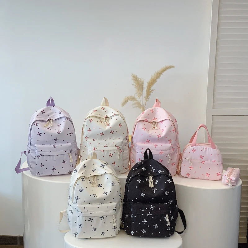 3Pcs/Set Kawaii Nylon Backpack with Handbag & Pencil Case All-Match School Bag Cute Bowknot Backpack School Outdoor Lunch Box Zpaxo